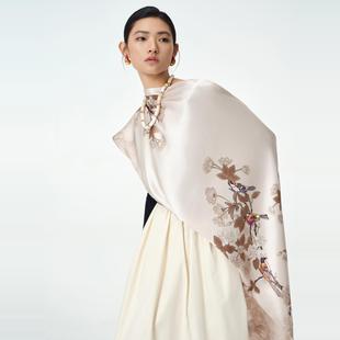 新品 盘扣 海棠富贵鸟丝巾女春秋桑蚕丝围巾披肩国风 中式 嫵WOO