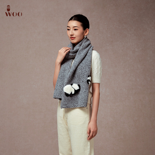 嫵WOO 福宝熊猫皮草纯色羊绒围巾女秋冬搭外套长围脖 礼赠推荐