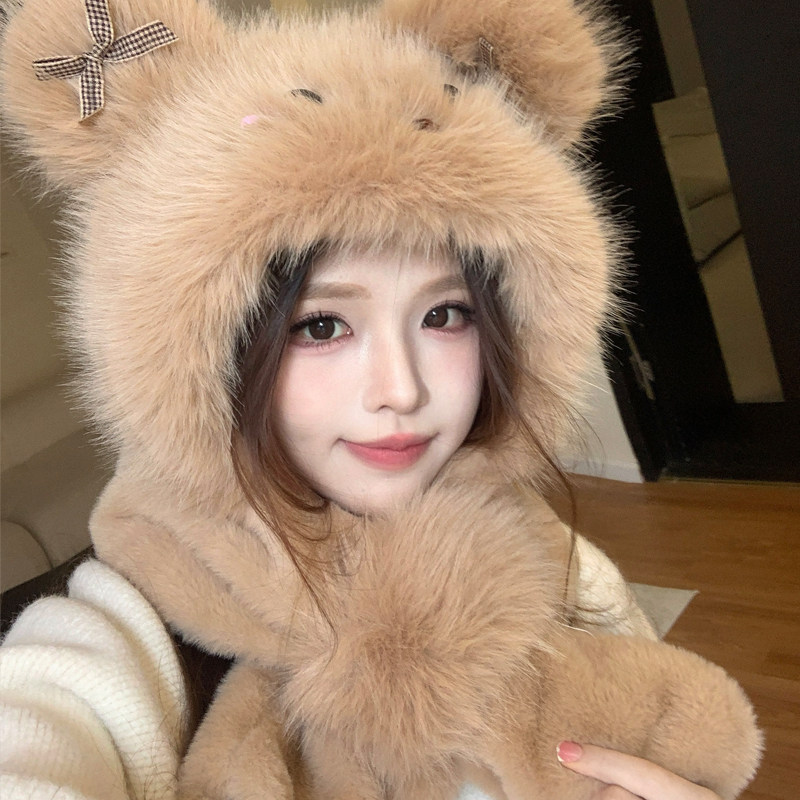 可爱小熊耳朵会动毛绒帽子围巾一体女冬加厚保暖防寒护耳雷锋帽子,服饰配件/皮带/帽子/围巾,帽子,淘宝优惠券,粉丝福利购,淘宝优惠卷