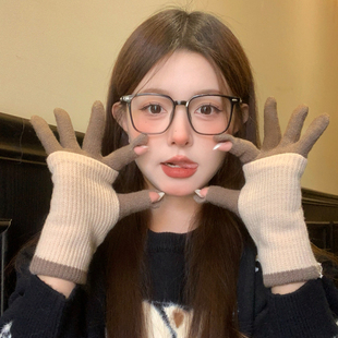 美拉德拼色针织毛线手套女士冬季露指可触屏保暖加厚骑行学生冬天