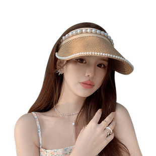 2026新款珍珠遮阳空顶草帽女款夏季防紫外线遮脸防晒太阳帽子骑车