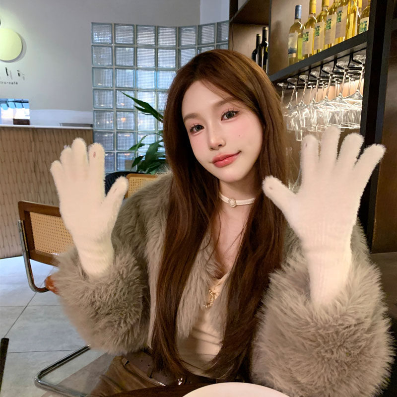 겨울철 여성용 흰색 모직 장갑 따뜻하고 손가락이 없는 단색 플러시 니트 전기 자전거를 타는 학생 터치 스크린 유행