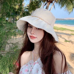 夏季太阳遮阳帽子女款防晒小香珍珠白色渔夫帽2026新款大帽檐夏天