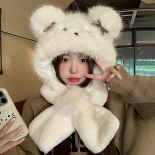耳朵会动小熊帽子围巾一体女冬季加绒加厚保暖防寒护耳雷锋帽子