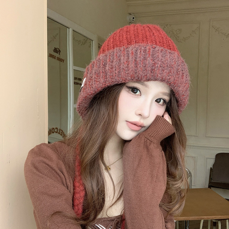 红色护耳毛线帽女秋冬季百搭显脸小针织帽大头围保暖包头帽子女款