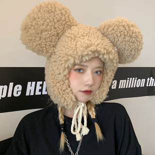 毛绒小熊帽子女冬季围巾一体可爱骑车防风保暖头套冬天护耳雷锋帽