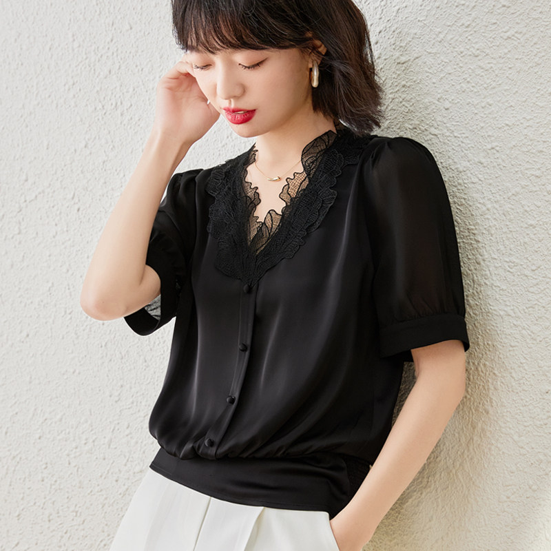 V领雪纺衬衫女短袖2022夏季新款漂亮小衫收腰洋气遮肚子显瘦上衣