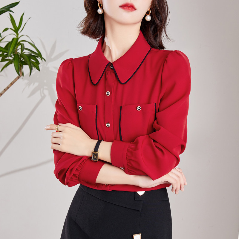 2022春装新款缎面雪纺衫女长袖上衣时尚娃娃领撞色宽松显瘦女衬衣