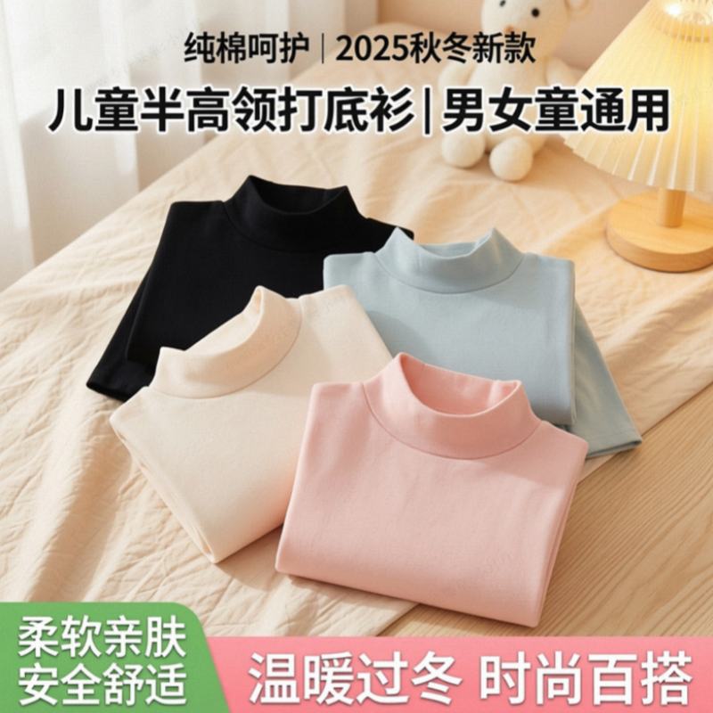 男童保暖打底衫2025秋冬儿童半高领长袖纯色女童秋衣加厚打底T恤,童装/婴儿装/亲子装,儿童POLO衫,淘宝优惠券,粉丝福利购,淘宝优惠卷