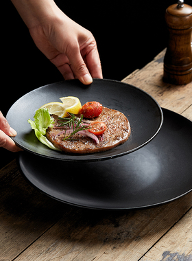 微瑕疵餐具复古日式陶瓷盘子牛排盘黑色家用8寸圆盘菜盘早餐 西餐