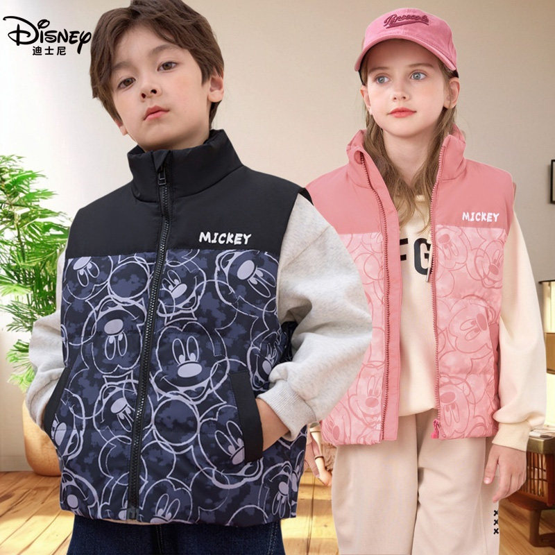 迪士尼品牌正品男童女童羽绒马甲白鸭绒儿童加厚背心秋冬坎肩立领