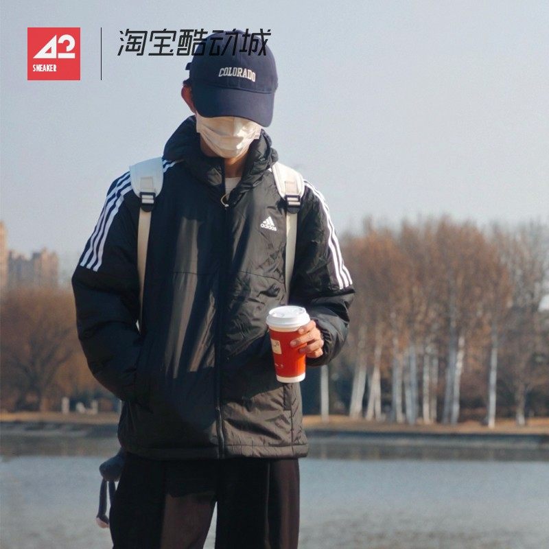 42运动家 Adidas 男子户外防风保暖宽松运动连帽棉服外套 KF6755