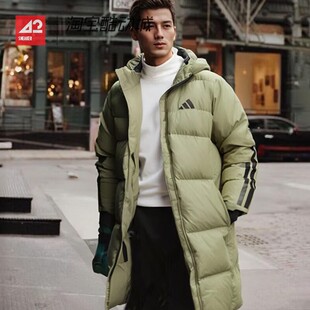 42运动家 Adidas 男子军绿色连帽鸭绒保暖外套长款羽绒服 JG3839