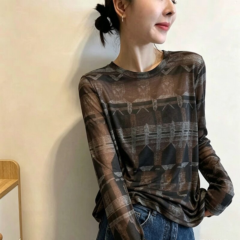 复古几何印花长袖T恤女2026秋款新款时尚圆领打底衫洋气百搭上衣