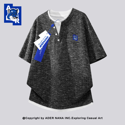 ADER NANA潮牌风格假两件短袖T恤男女宽松美式复古上衣
