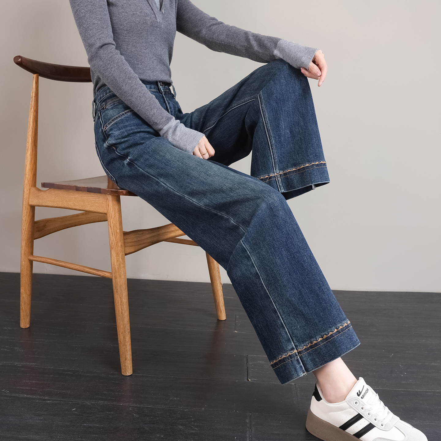 复古刺绣阔腿牛仔裤女秋弹力梨形身材弹力小个子九分窄版直筒烟管