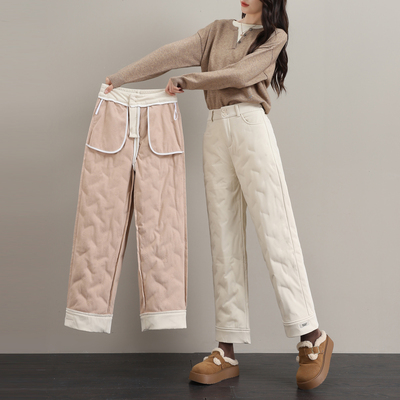 羽绒裤女外穿冬2025新款时尚东北防风防寒小个子米色阔腿直筒棉裤