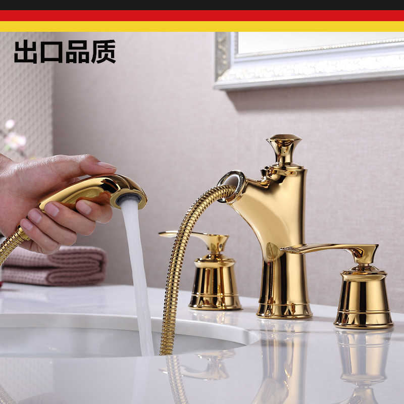 出口德国金色三孔抽拉全铜水龙头