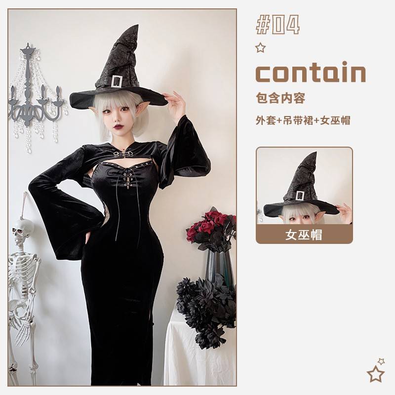 跨境欧美风暗黑哥特万圣节服装黑色连衣裙长裙女巫婆吸血鬼新娘装