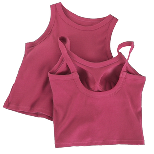 2件装夏玫瑰红色螺纹棉质圆领背心无袖小吊带短款修身罩杯一体bra