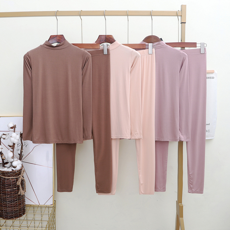 2件套秋冬半高领长袖女中秋裤薄