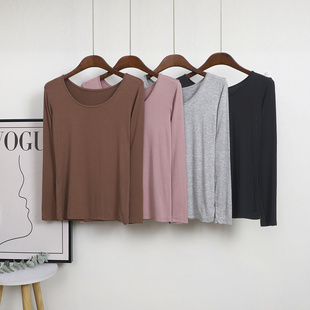 秋冬薄款圆领长袖T恤纯色莫代尔打底衫秋衣秋裤ins简约美体上衣女