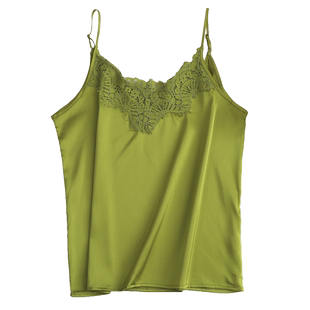 夏季薄蕾丝花边V领美背桑蚕丝真缎面冰丝裸感宽松吊带背心女上衣