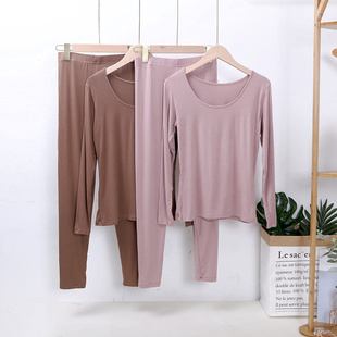 女秋衣秋裤 纯色修身 大圆领内搭打底衫 薄款 T恤 线裤 秋冬莫代尔套装