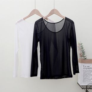 夏季新款性感网纱衣蕾丝圆领防晒长袖T恤女上衣宽松简约打底衫薄