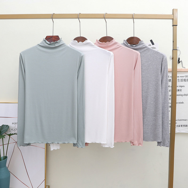 2024新款螺纹木耳边中领长袖T恤女上衣飞边荷叶半领莫代尔打底衫,女装/女士精品,T恤,淘宝优惠券,粉丝福利购,淘宝优惠卷