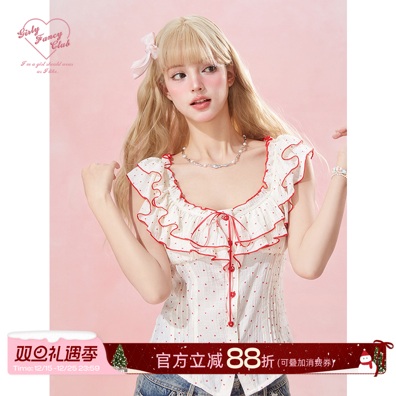 GirlyFancyClub伯德小姐*独特漂亮上衣女法式荷叶木耳边波点小衫