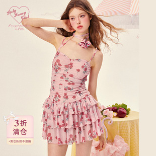 GirlyFancyClub玫瑰花网纱荷叶蛋糕裙收腰吊带连衣裙 清仓3折