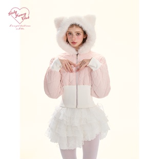 GirlyFancyClub冬日小猫仙 粉色线绣蝴蝶结毛绒连帽掐腰棉服外套