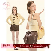 GirlyFancyClub复古甜心系列 可可棕蝴蝶结刺绣波点显瘦皮质裙裤