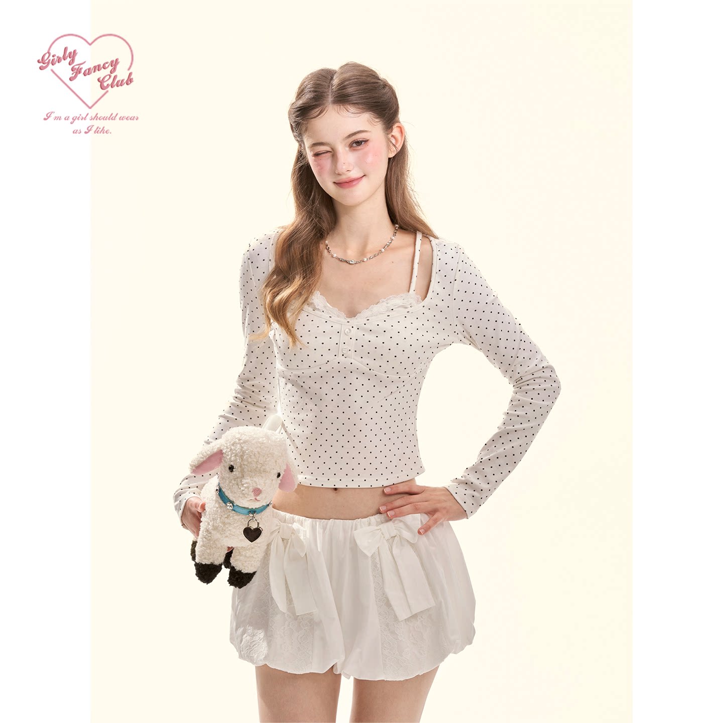GirlyFancyClub早春新款 复古少女假两件黑白波点上衣修身短款t恤