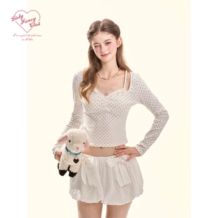 t恤 短款 GirlyFancyClub早春新款 复古少女假两件黑白波点上衣修身