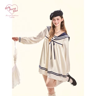 GirlyFancyClub早春航海穿搭缎面娃娃裙子长袖 学院风海军领连衣裙