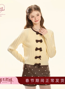 GirlyFancyClub复古甜心系列*奶黄色蝴蝶结麻花针织套装吊带开衫