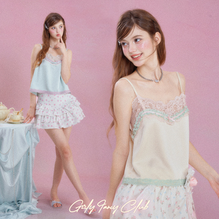 GirlyFancyClub慵懒假日*薄荷绿绝美花边无袖背心女缎面吊带上衣