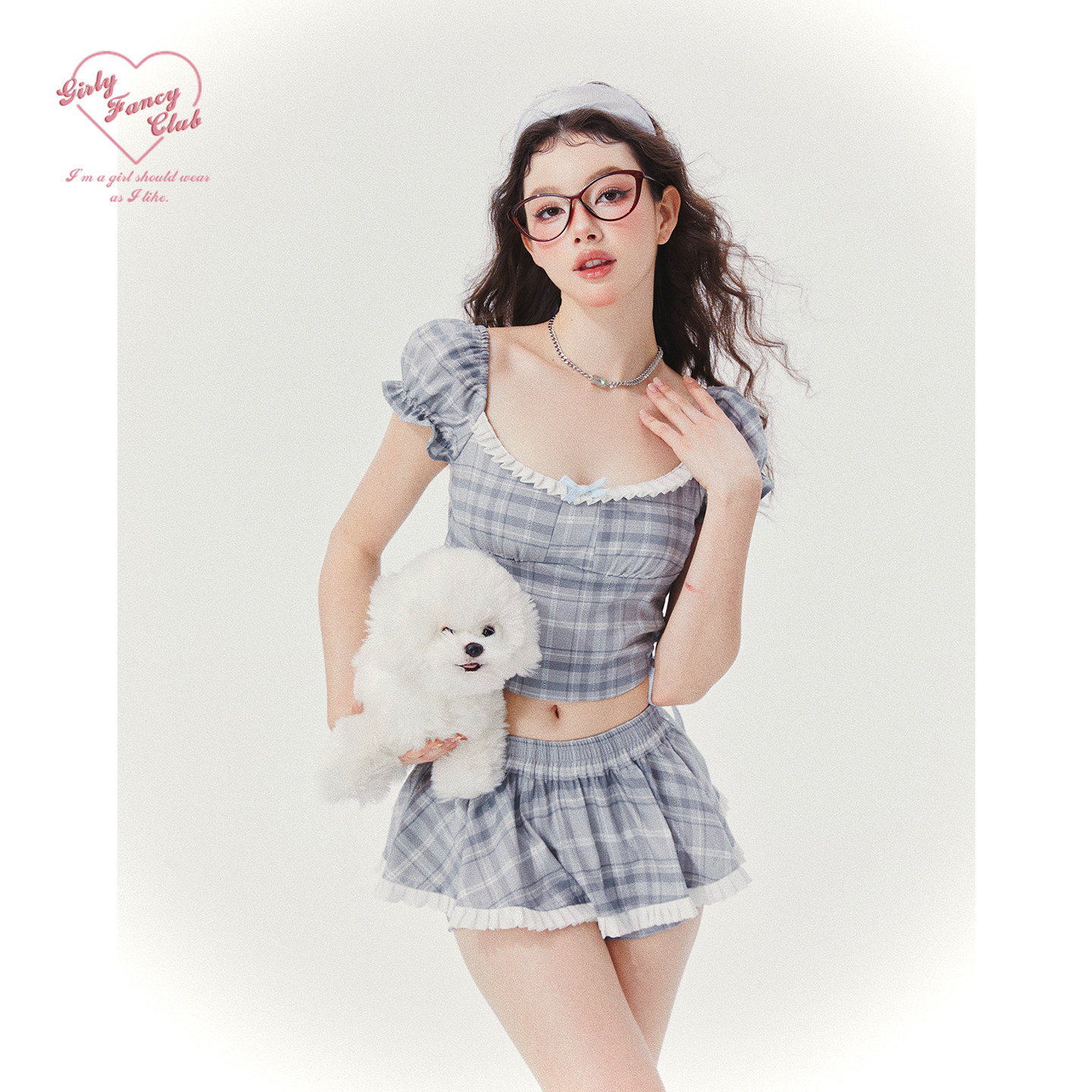 GirlyFancyClub音乐节穿搭格纹短款上衣裙裤两件套女团风甜辣套装