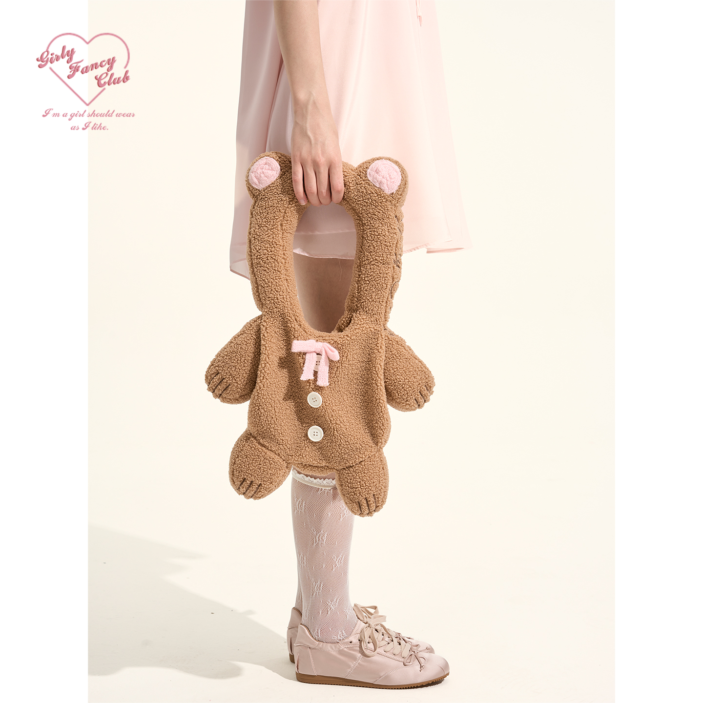 GirlyFancyClub软fufu摇粒绒充绒定型单肩手提棕色饼干熊玩偶包包