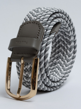 欧美潮牌 松紧弹力腰带女灰色休闲编织裤带 时尚针扣青年免孔皮带
