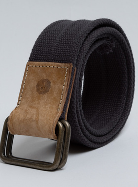 欧美潮牌 男士纯棉帆布腰带深灰休闲编织裤带 百搭双环扣皮带加宽