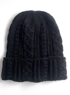 新款出口 优雅气质黑色绞花毛线帽子女秋冬 百搭保暖旅游针织帽