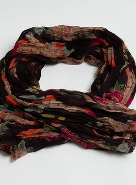 2025新款优雅气质黑花印花围巾女春夏秋薄款百搭围脖防晒旅游披肩