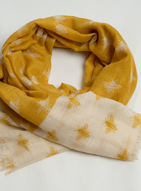 新款出口欧美 优雅姜黄色蜜蜂精致印花围巾女 春秋薄竹节纱丝巾窄