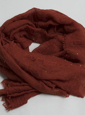 新款欧美时尚 优雅气质红色森系丝巾女春秋 百搭纯色亮片旅游围巾