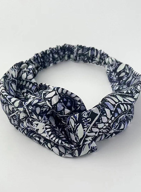 新款欧美气质田园蓝色叶子印花发带发箍女春夏秋时尚百搭弹力头巾