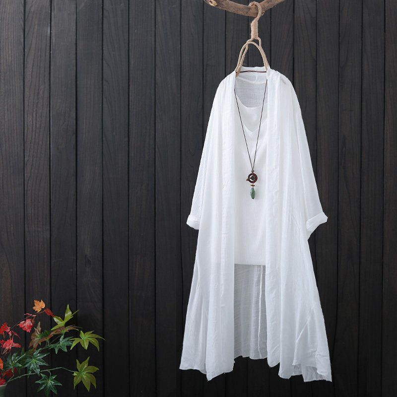夏季新款棉麻防晒衣中长纯色宽松薄款披肩配裙大码开衫外搭空调衫