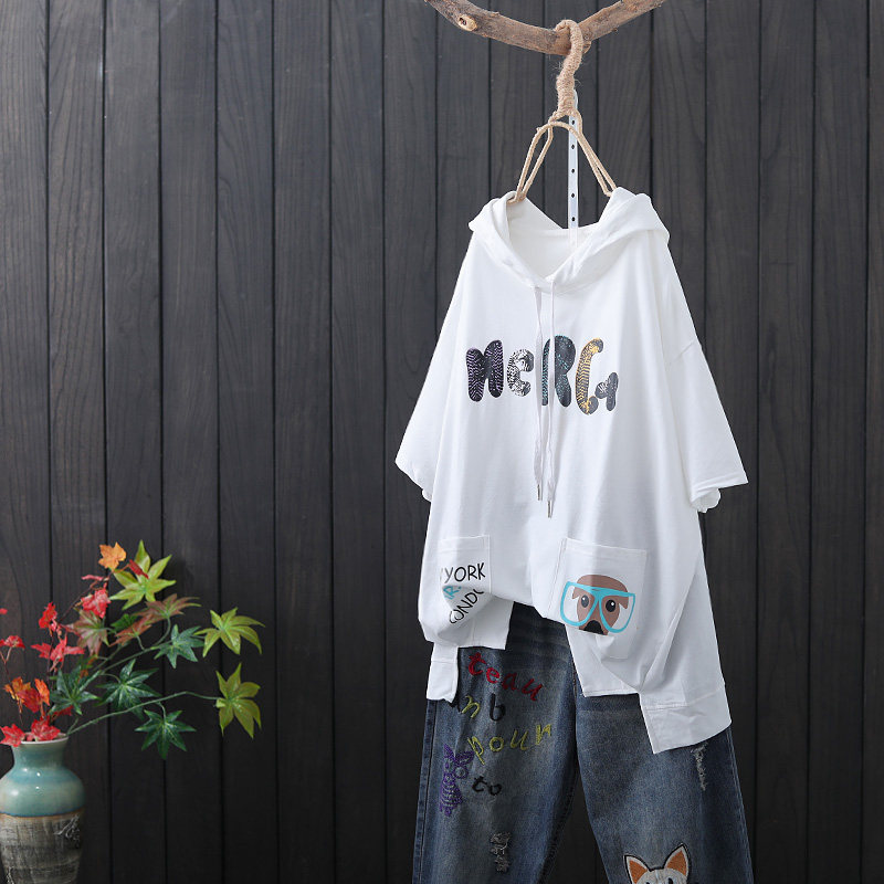 印花字母T恤女夏大码连帽卫衣帽衫薄款休闲宽松戴帽短袖纯棉体恤